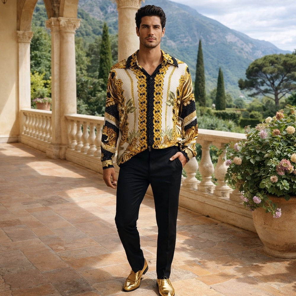 VTG Seta Per Uomo Silk Shirt Men Medium Black Gold Button Up Metallic Lion Pride